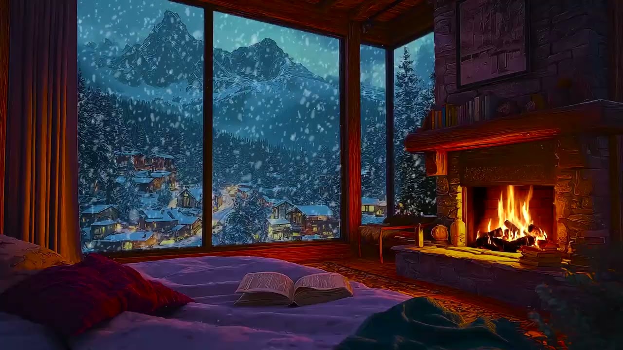 Gentle Snow Drifting Past a Cozy Cabin Window with Soft Fire Sounds for Study and Relaxation