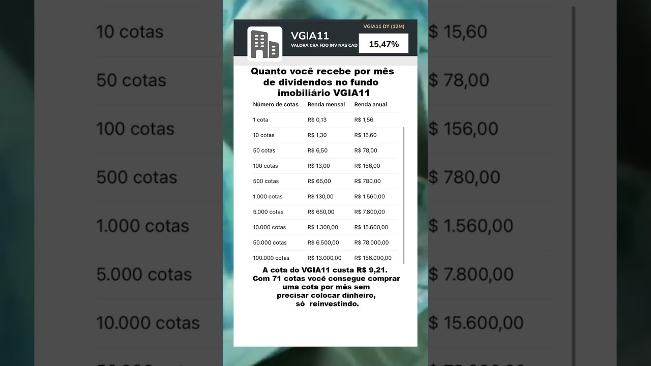 Quanto voc&ecirc; receberia por m&ecirc;s de dividendos do VGIA11
