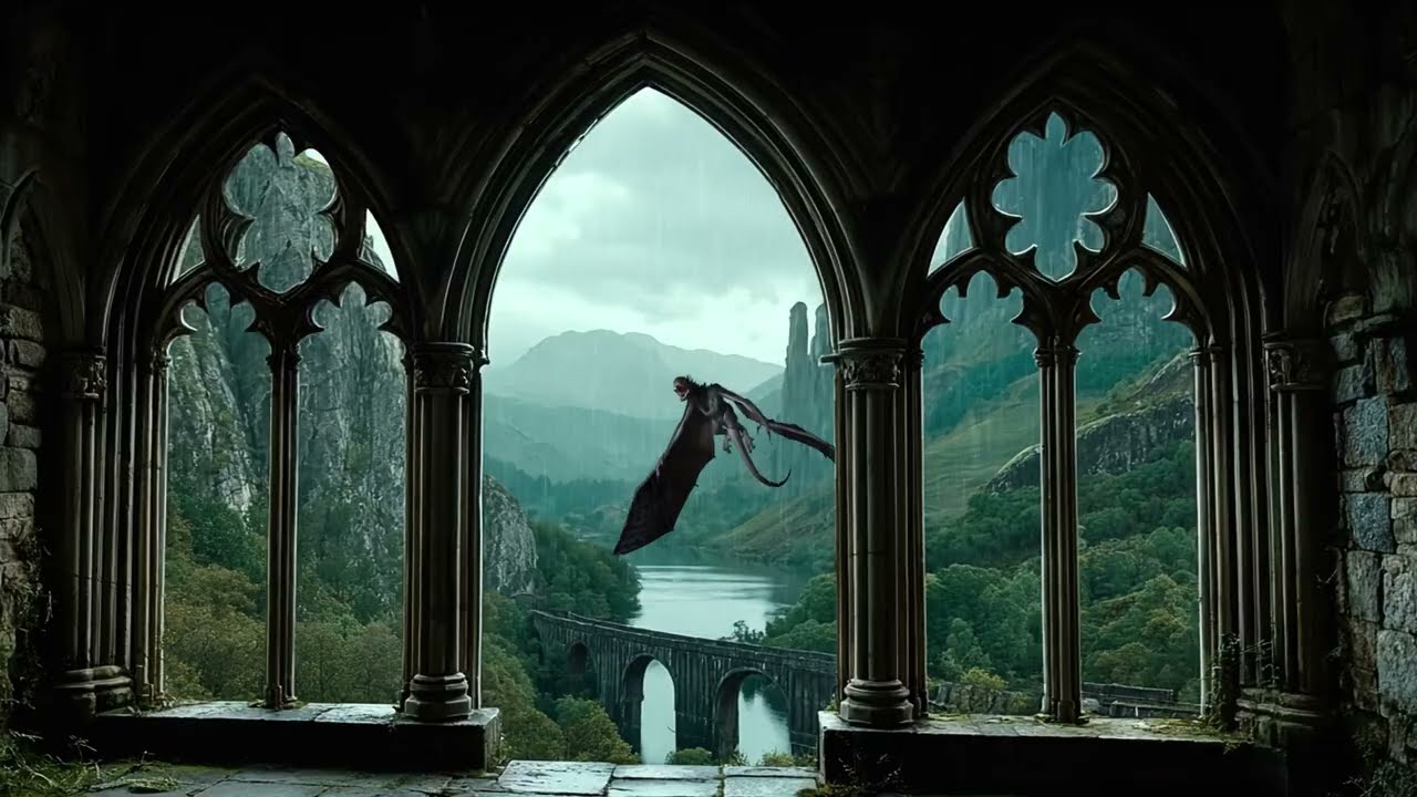 4K Castle Window in Rain | Dragon Flying in Storm & Cozy Thunder Relaxing Ambience