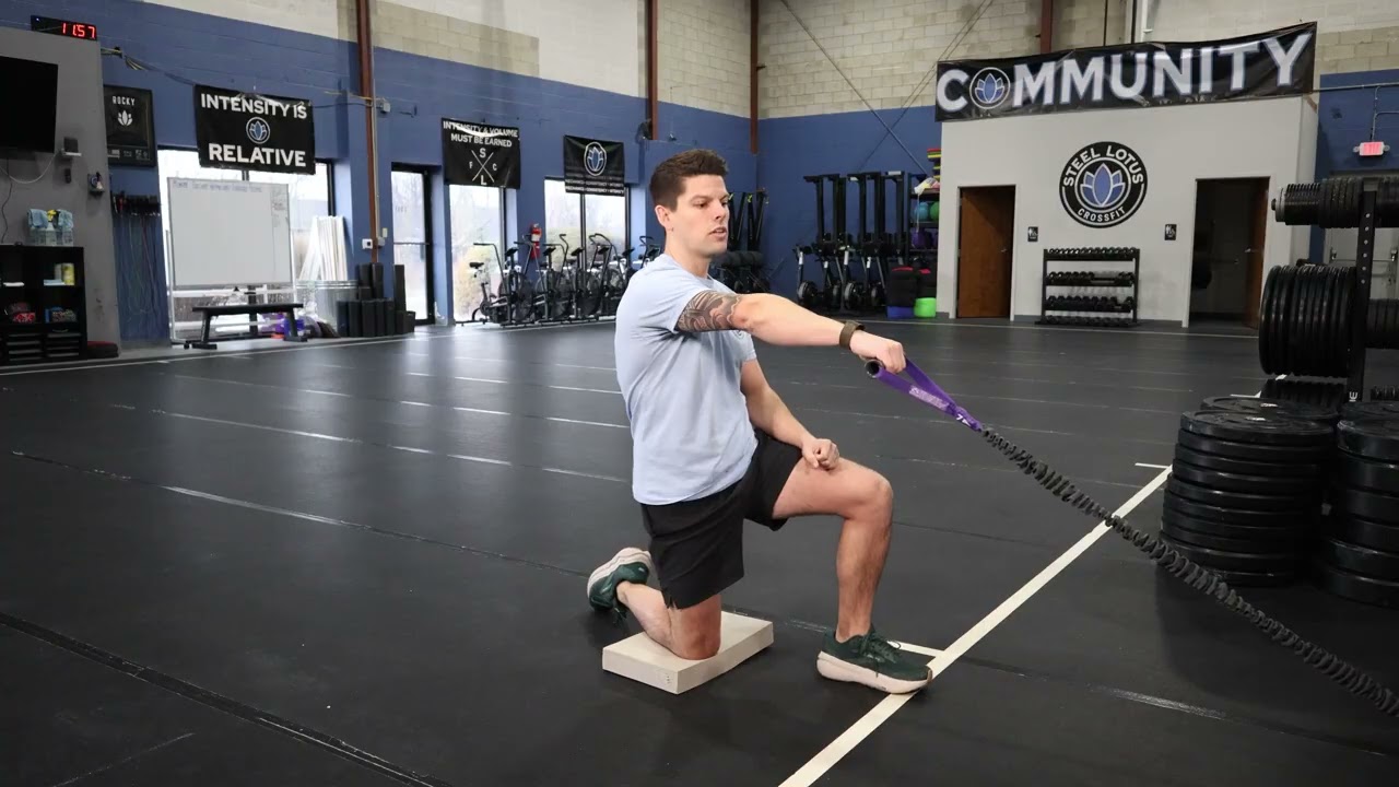 Half-Kneeling Banded 90–90 Shoulder External Rotation to Overhead Press Breakdown