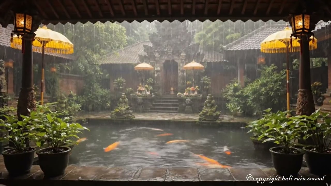 Balinese Temple Rain Ambience with Koi Pond – Traditional Courtyard ASMR for Deep Sleep & Relaxation