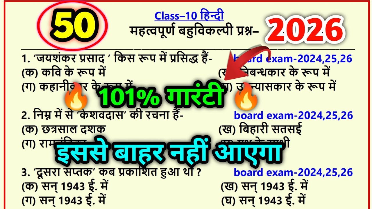 10th हिन्दी सभी महत्वपूर्ण प्रश्न 2026/class 10 hindi mcq 2026/10th hindi bahuviklpiy prashn 2026 up