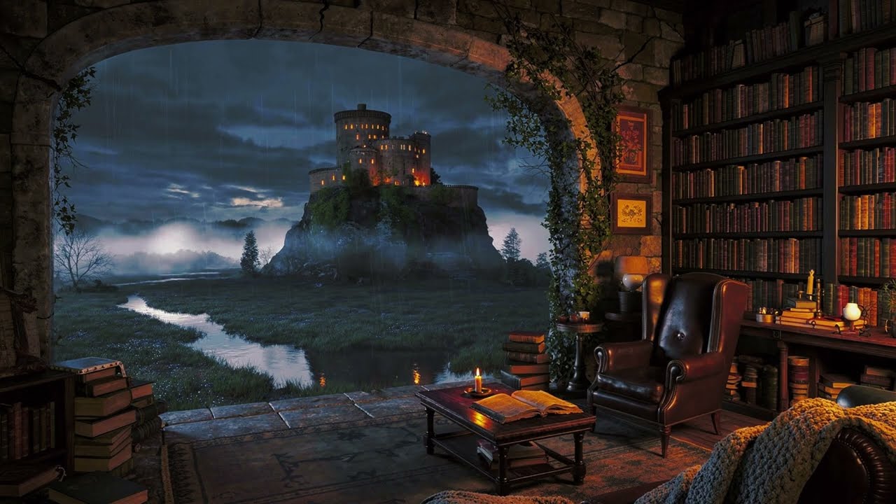 Dark Academia Castle Library at Night | Rain Sounds & Soft Music