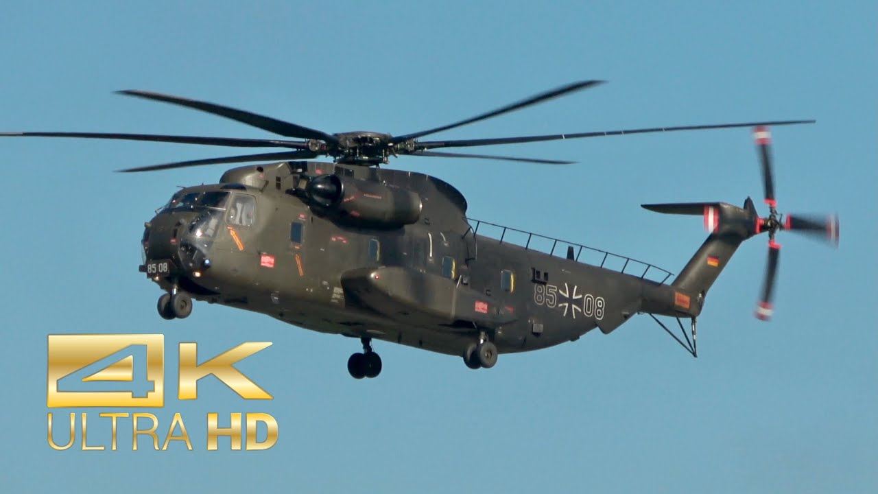 (4K) Sikorsky CH-53 GA German Air Force Luftwaffe 85+08 flight action at Manching Airport IGS ETSI