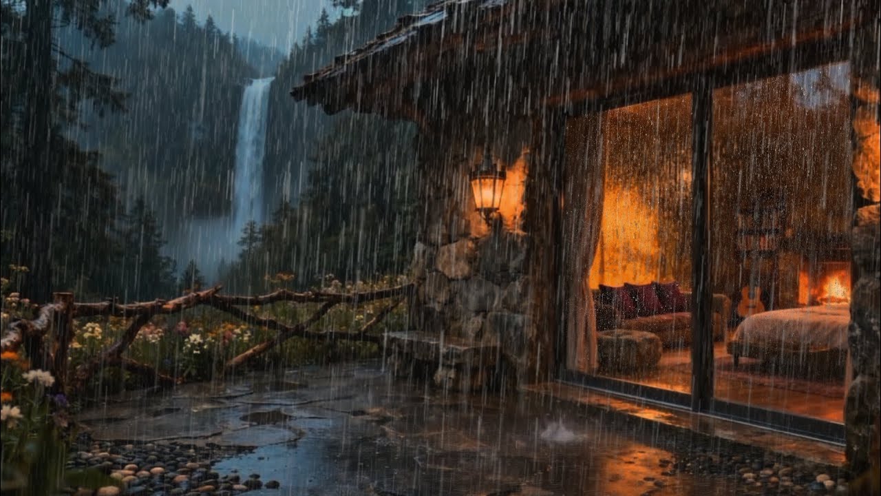 Heavy Night Rain Outside a Cozy Forest Cabin | Fall Asleep Fast | No Music