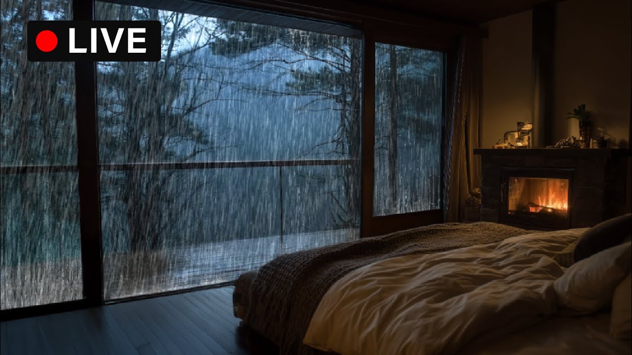🔴 Cozy Cabin Ambience | Rain & Crackling Fireplace Sounds for Deep Sleep, Study & Relaxation