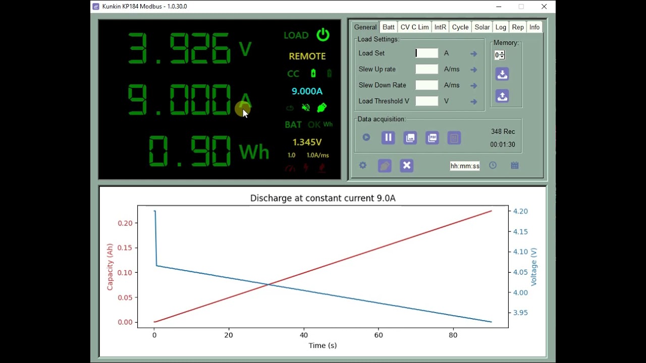Battery capacity testing with KP184 electronic load software