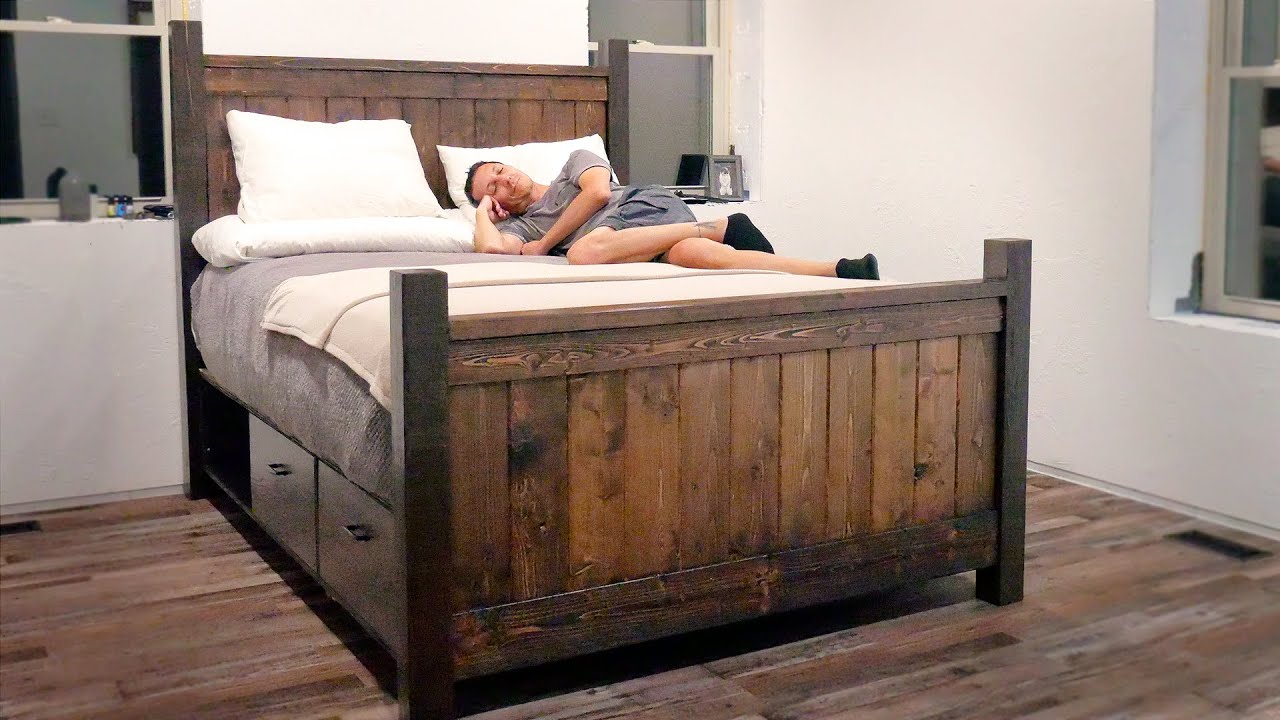 GORGEOUS! Building a RUSTIC FARMHOUSE BED with Storage Drawers