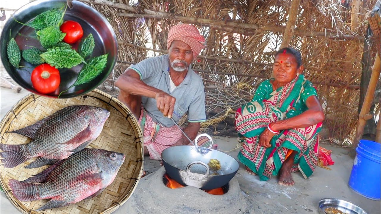 TELEPIYA FISH CURRY and KARELA VAJI cooking & eating by santali tribe old couple