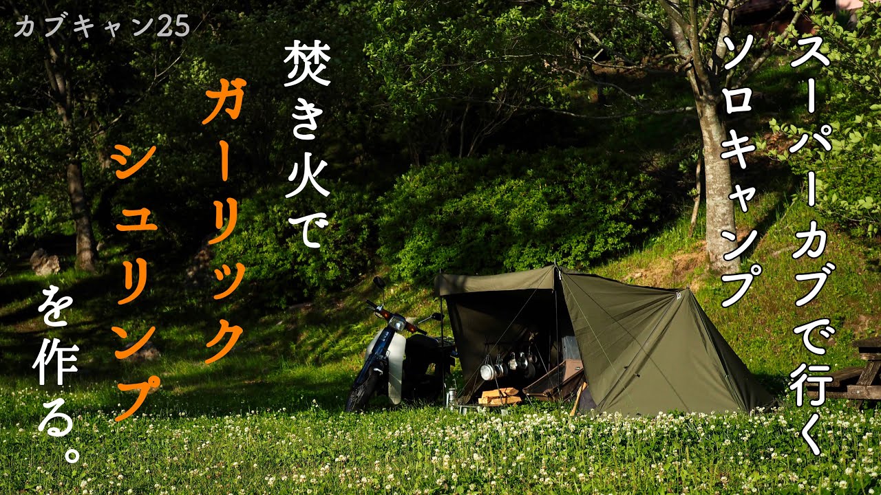 スーパーカブでソロキャンプ25【焚き火でガーリックシュリンプを作る】(太郎川公園キャンプ場)