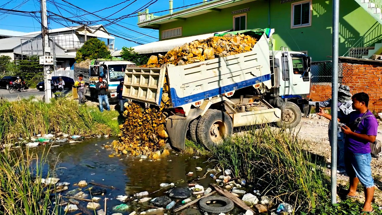 Perfectly New Project! Landfill Using Skills Dozer Pushing RockSoil with Dump Truck 5Ton Unloading