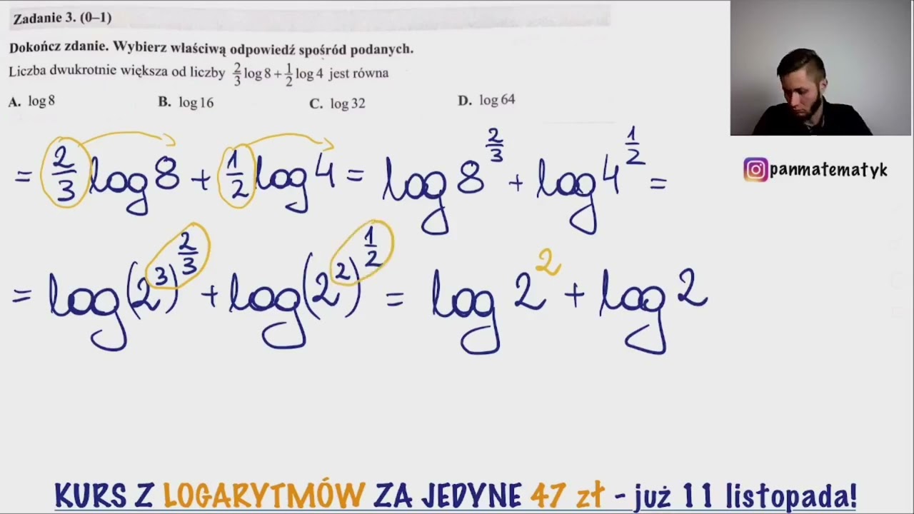 Liczba dwukrotnie większa od liczby 2/3log8+1/2log4 jest równa