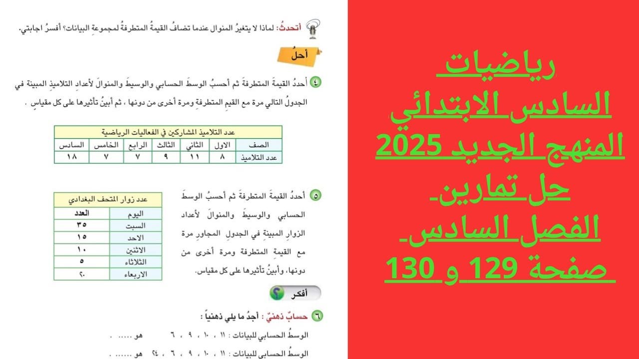 حل تمارين رياضيات السادس الابتدائي الفصل السادس  صفحة 129 و 130  المنهج الجديد 2025