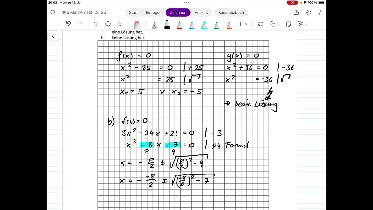Klassenarbeit - quadratische Funktionen (Klasse 10)
