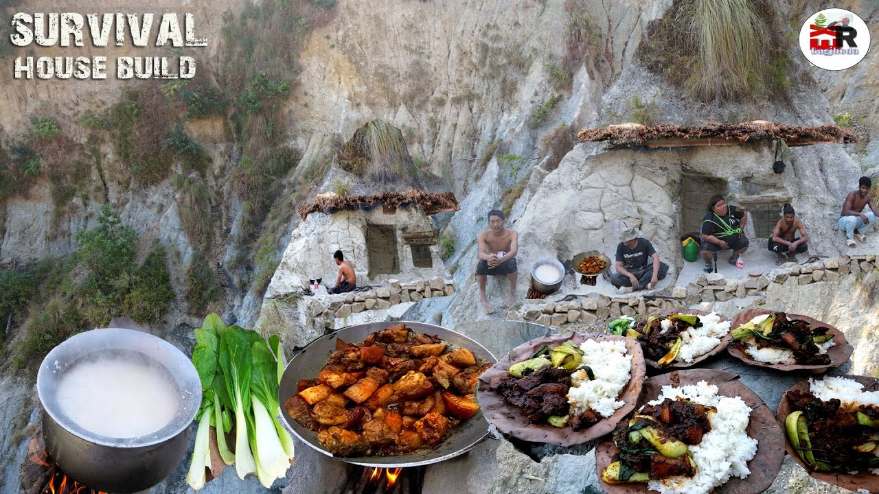 Survival House Build in Beautiful Hill Soft Stone Cooking Pork Rice with Green Salad and Eating