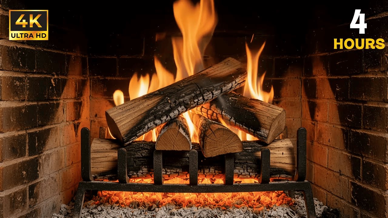 Burning Fireplace in 4K | 4 Hours of Real Fire + Crackling Sounds