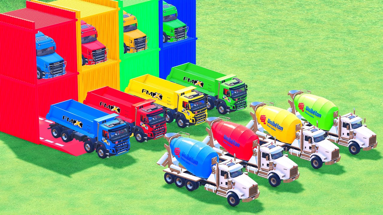 Garage with Colors - ALL MIXER TRUCK WITH DOUBLE FLATBED TRAILER TRUCK, IVEC, MERCEDES, FREIGHTLINER