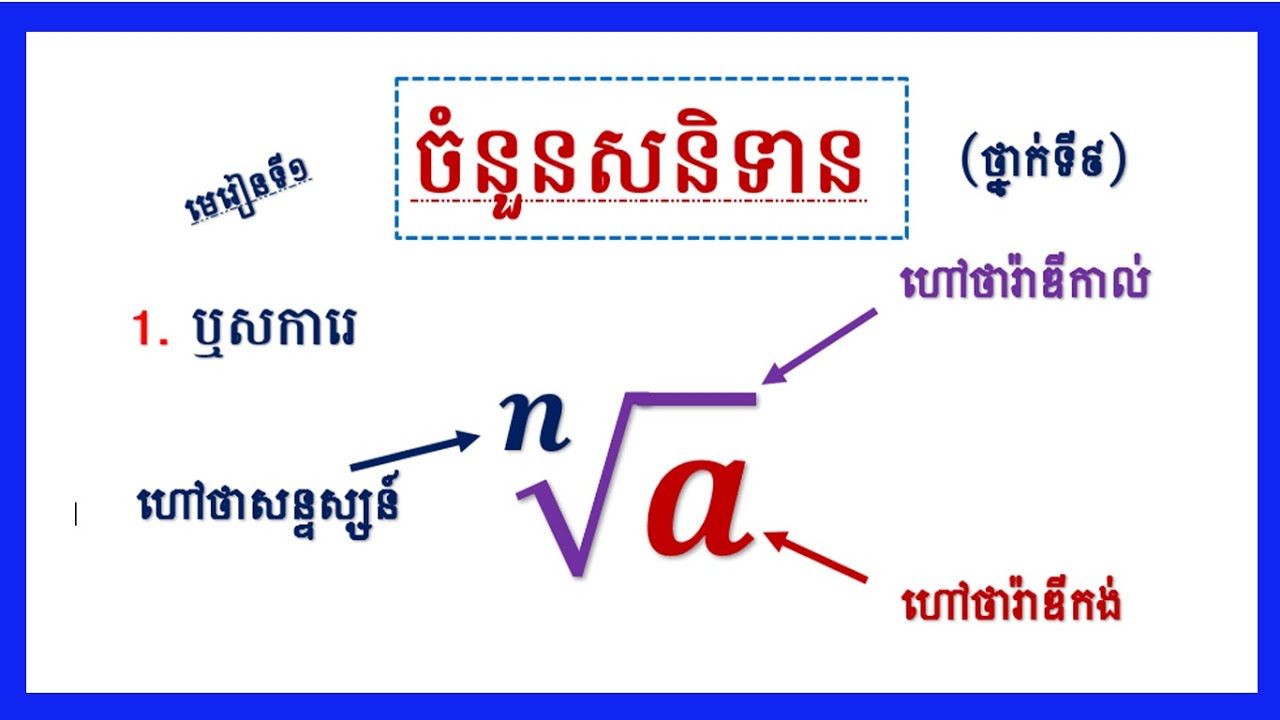 មេរៀនទី១  ចំនួនសនិទាន  1.ឬសការេ  ត្រូវស្គាល់ពីរ៉ាឌីកាល់ រ៉ាឌីកង់ និងសន្ទ្សន៍