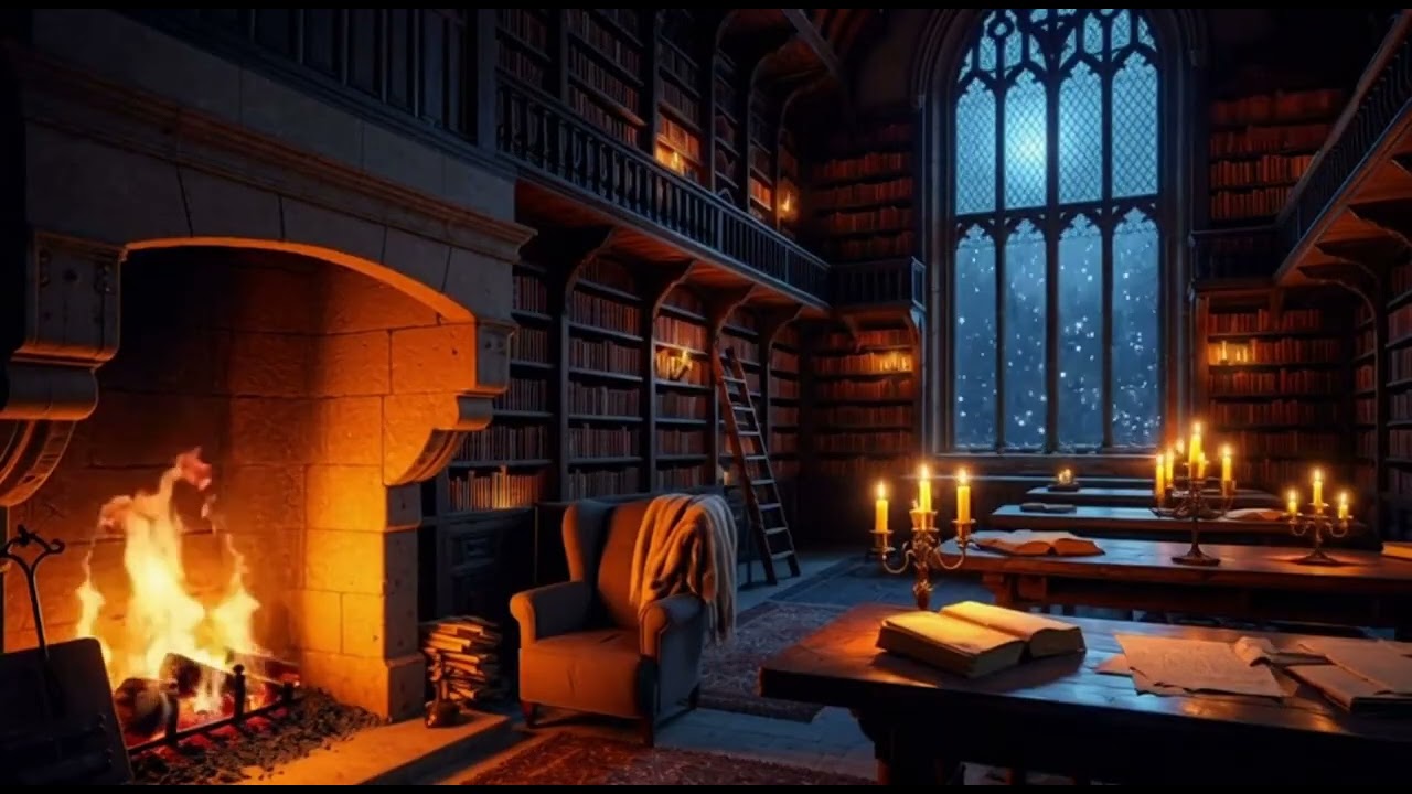 Grand Medieval Library❄️🔥 | Snow Outside Window | 3 Hours Cozy Fireplace Ambience