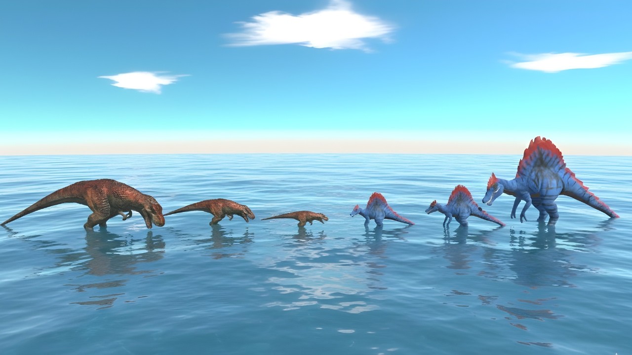 Spinosaurus and Tyrannosaurus Scale Up 5x After Every Defeat – Cinematic Ocean Confrontation