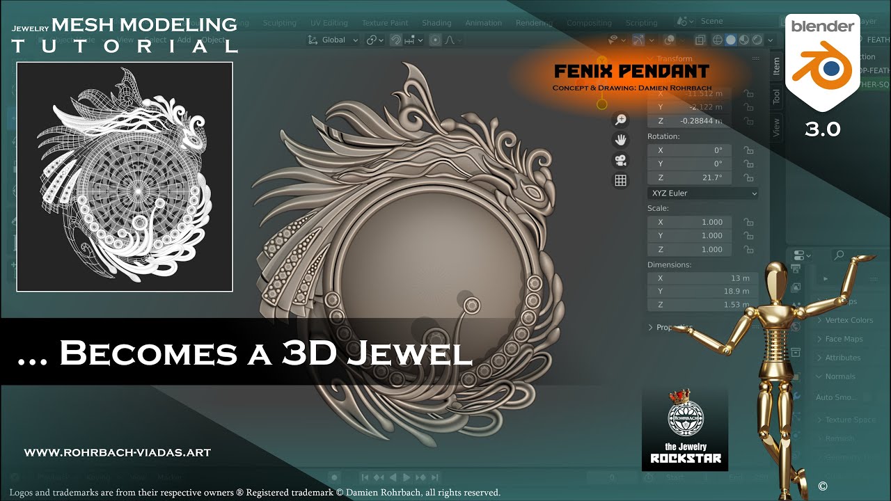 3D JEWELRY Fenix Pendant  ROHRBACH with BLENDER MESH MODELING tutorial