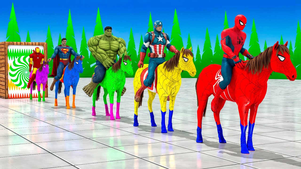 Red Horse Spiderman Crossing On Rainbow Spiders Bridge With Horse Vs Spider-Shark Rescue Animal Game