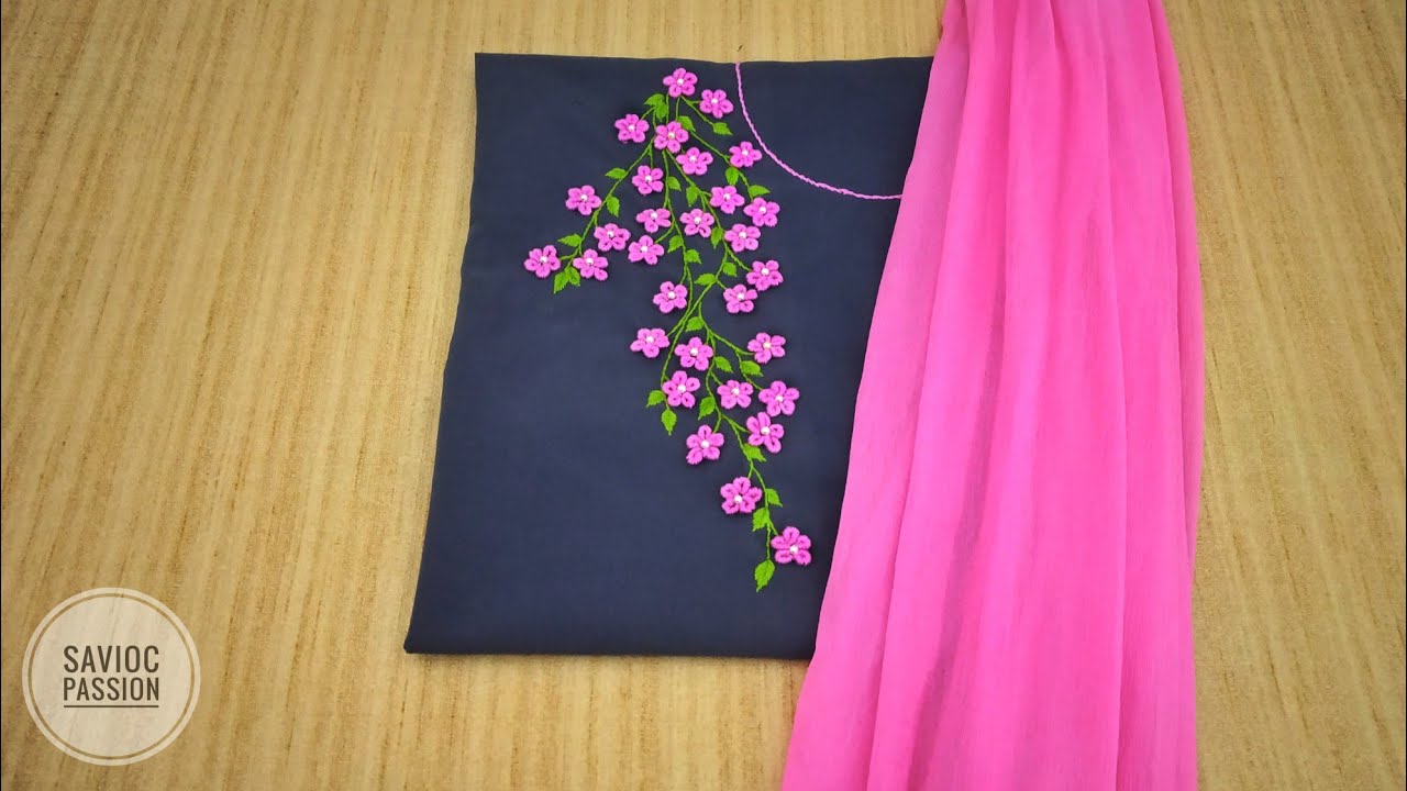 Kurti Shoulder Embellished With Pink Flowers   || Hand Embroidery || Tutorial || Easy to Learn