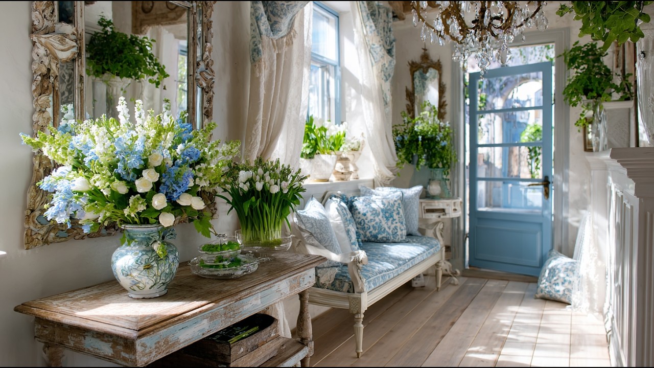 Romantic Shabby Chic Entryway Ideas 2026 | Elegant Blue and White Vintage Spring Decor
