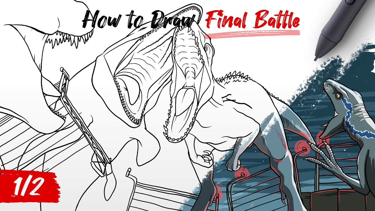How to Draw Indominus vs Mosasaurus Trex Blue Raptor fighting dinosaurs Final Battle Jurassic World