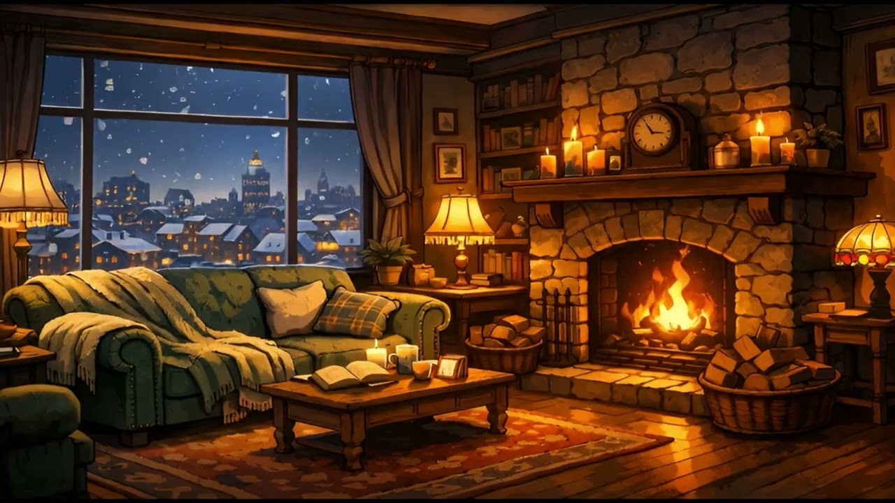 Cozy Winter Night Ambience ❄️ Fireplace, Snow & Vintage Jazz Music