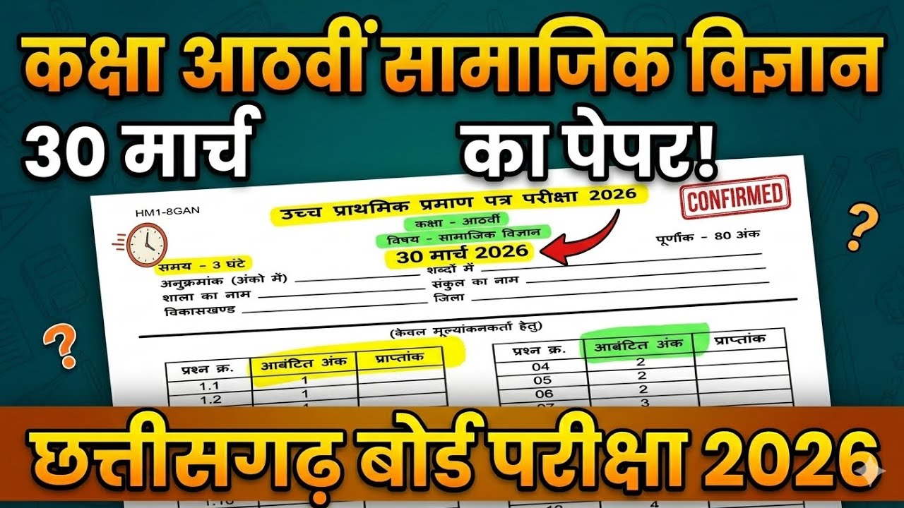 CG Board Class 8 Samajik Vigyan Varshik Pariksha Paper 2026 | CG Board 8th Social Science Paper