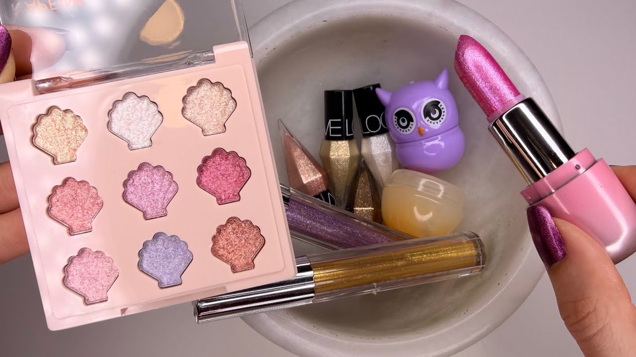 Coloring Slime with Cute🦉🍯🐚💎💚💗💜💙Lipstick💄Lip Balm & Eyeshadow! ASMR & Satisfying Makeup Slime!