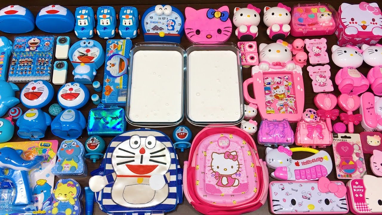 Blue Doraemon vs Pink Hello Kitty ! Mixing Random Things into Slime ! Satisfying Slime Videos #89