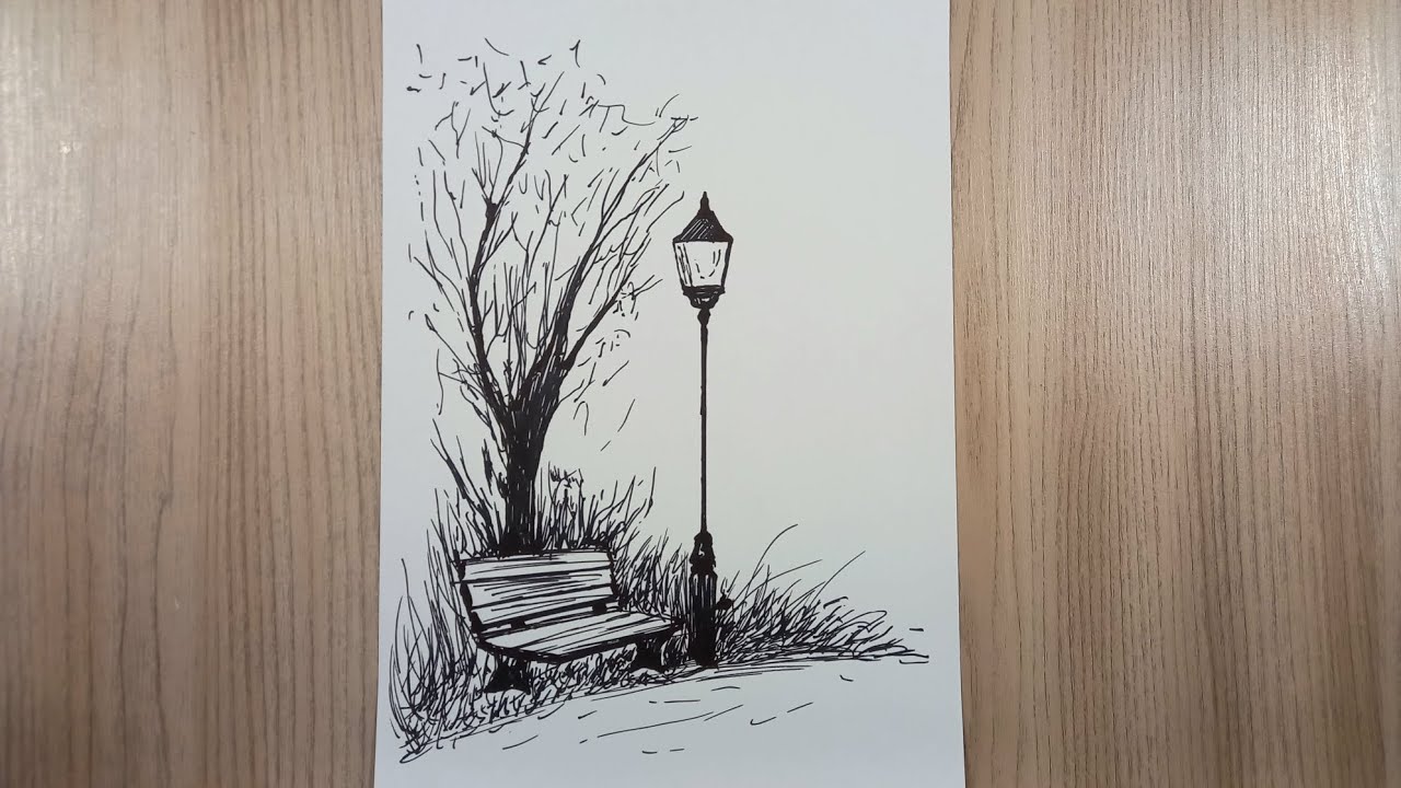 How to Draw a Simple Park Bench Scenery | Easy Pen Sketch