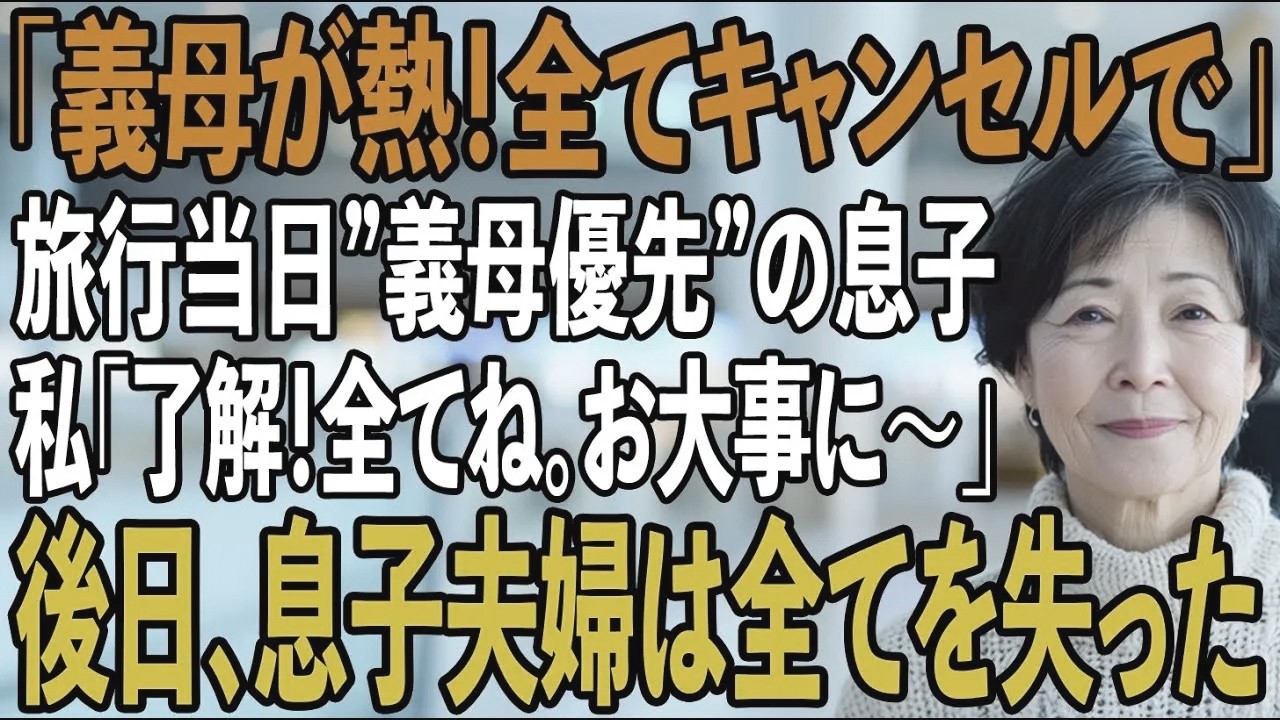 「お義母さんが37度の微熱！全てキャンセルで！」旅行当日のフライト30分前に義母を優先する息子夫婦。私「了解！全てね。お大事に」→後日、2人は全てを失った【シニアライフ】【60代以上の方へ】