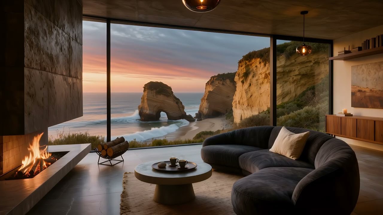 Cliffside Fireplace at Sunset 🌊🔥 | Modern Coastal Retreat Overlooking a Sandy Cove