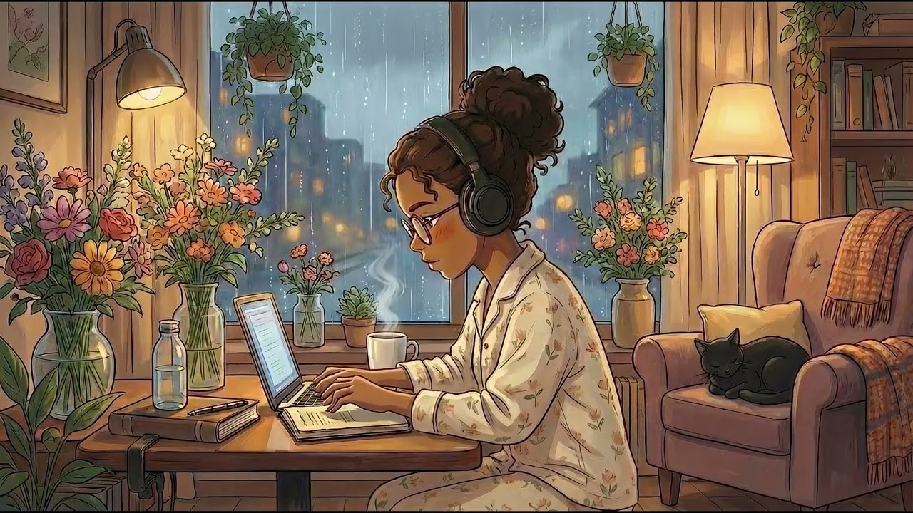 Cozy Living Room Lofi 🌧️ Rainy Night Beats to Study & Relax