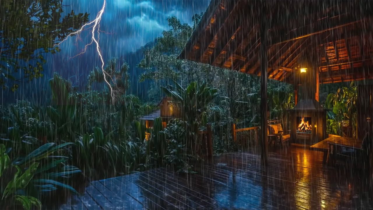 Falling Asleep on a Cabin Porch During Forest Rain | Fireplace & Night Nature Calm