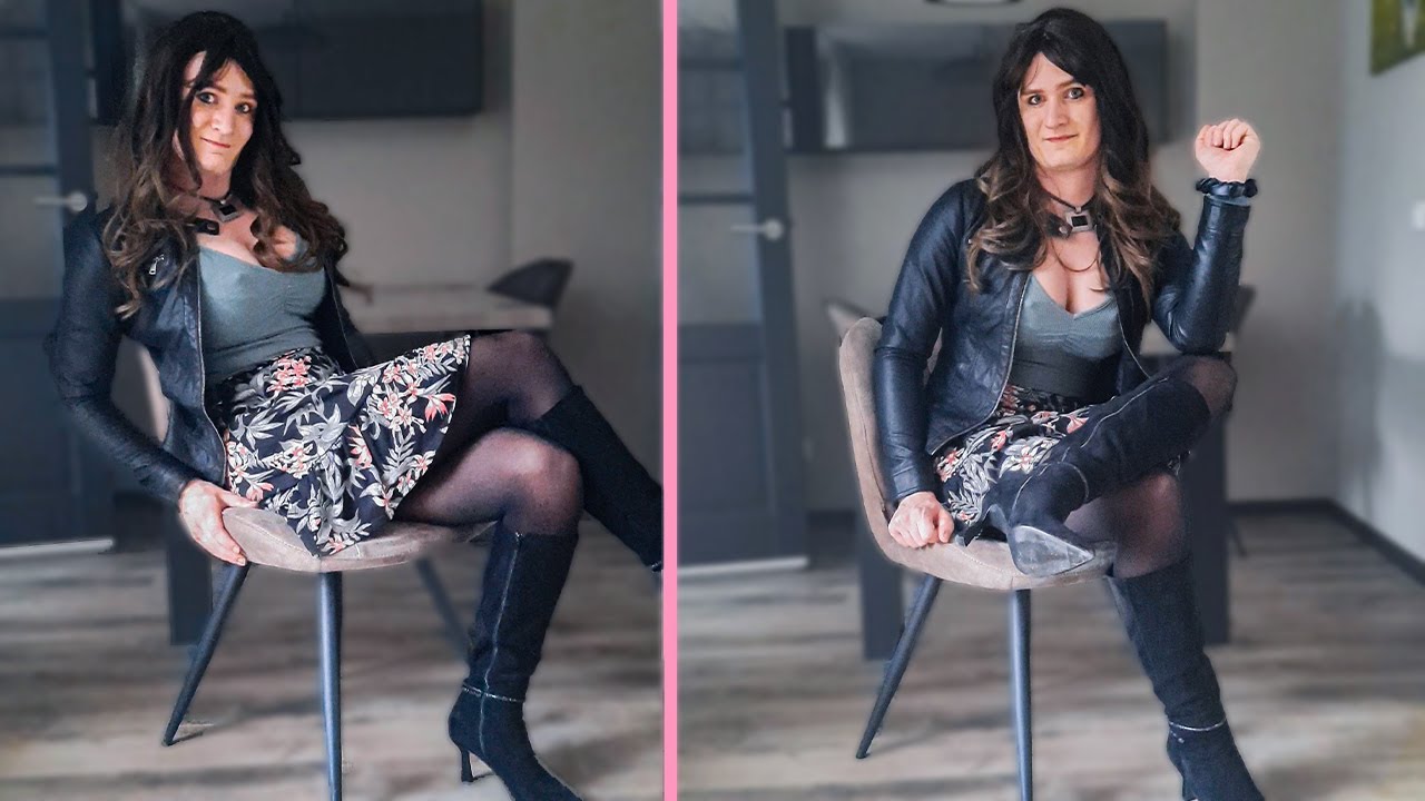 Alluring crossdresser wearing pantyhose and a flower skirt.