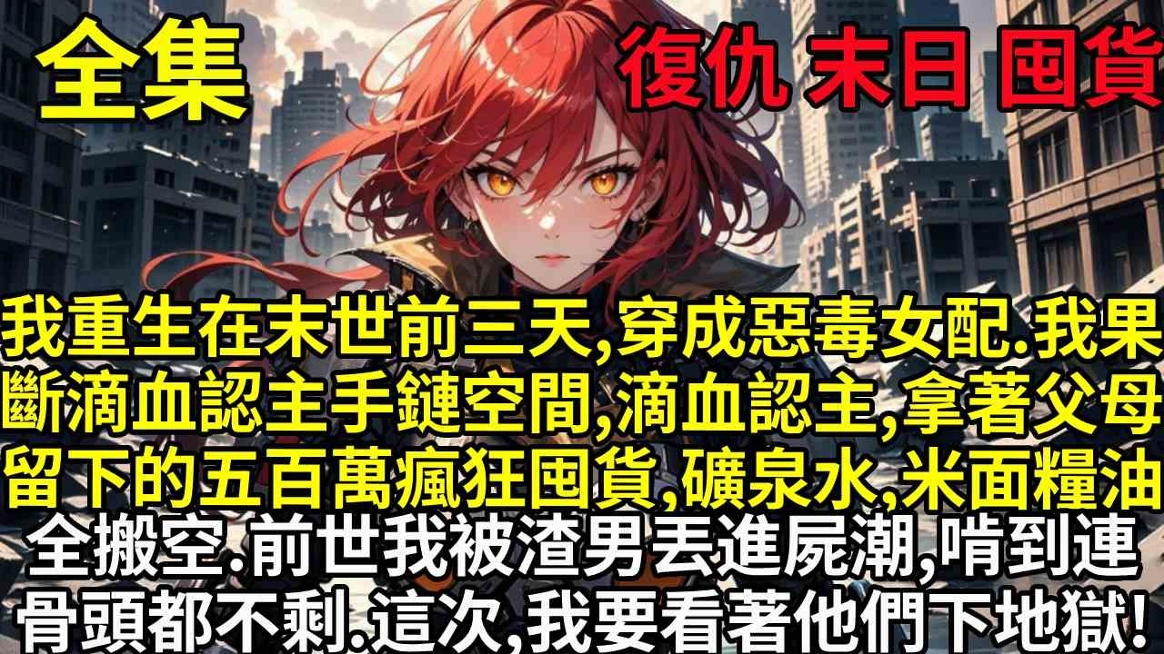 我重生在末世前三天，穿成惡毒女配。我果斷滴血認主手鏈空間，拿著父母留下的五百萬瘋狂囤貨，礦泉水、米面糧油全搬空。前世我被渣男丟進屍潮，活活啃到連骨頭都不剩。這一世，我會看著他們下地獄！