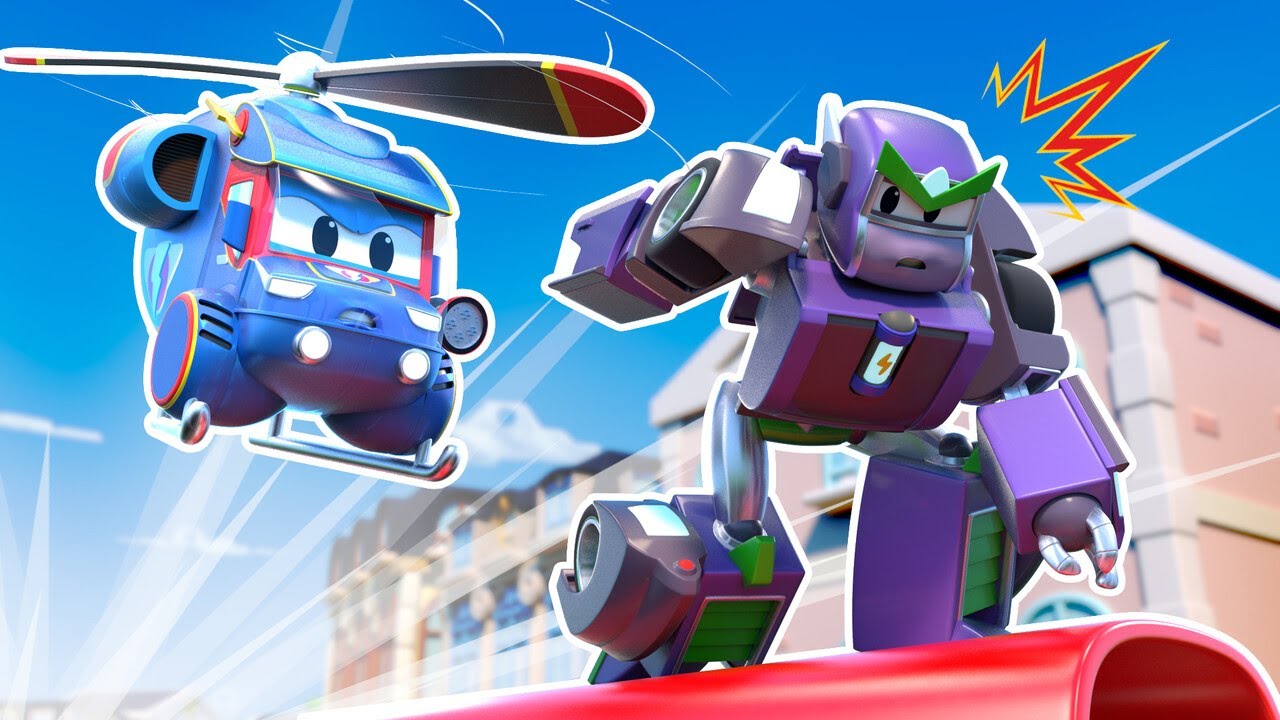 Super Helicopter stopt de treinroof door de  Slechte Robot