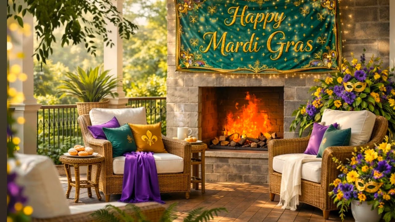 Mardi Gras Jazz Fireplace Music Ambience 🎷 Cozy New Orleans Porch | Relaxing Background Screensaver