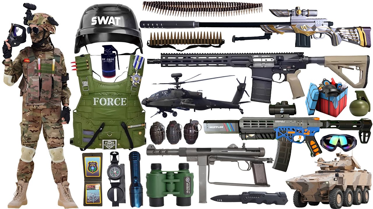 Unboxing collection of special forces toy guns: Victor short sword submachine gun, sniper rifle