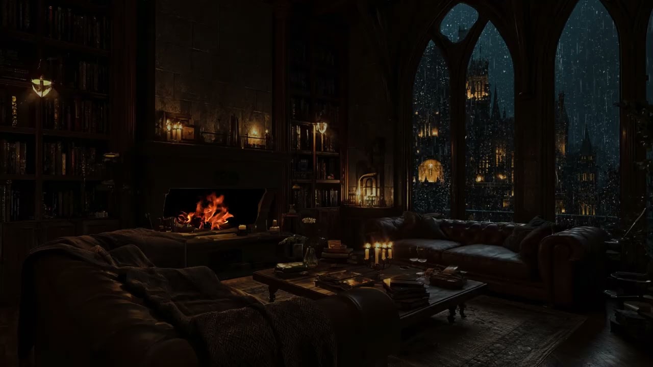 Rainy Night Inside a Ruined Stone Castle | Dark Medieval Fireplace Sounds