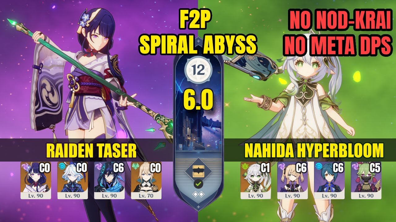 F2P Spiral Abyss 6.0 Floor 12 | Raiden Taser & Nahida Hyperbloom | Genshin Impact