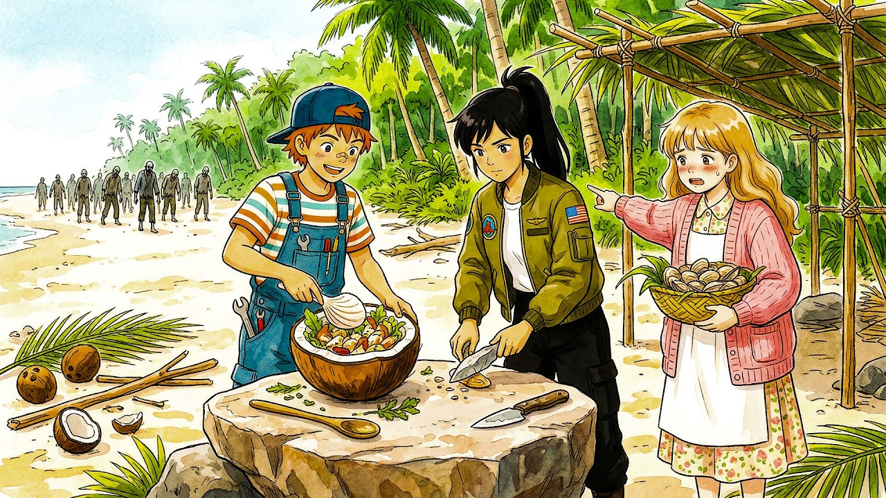 A Sunny Day at the Beach Cooking Seafood as Zombies Approach l Cooking ASMR l Ghibli Style Video