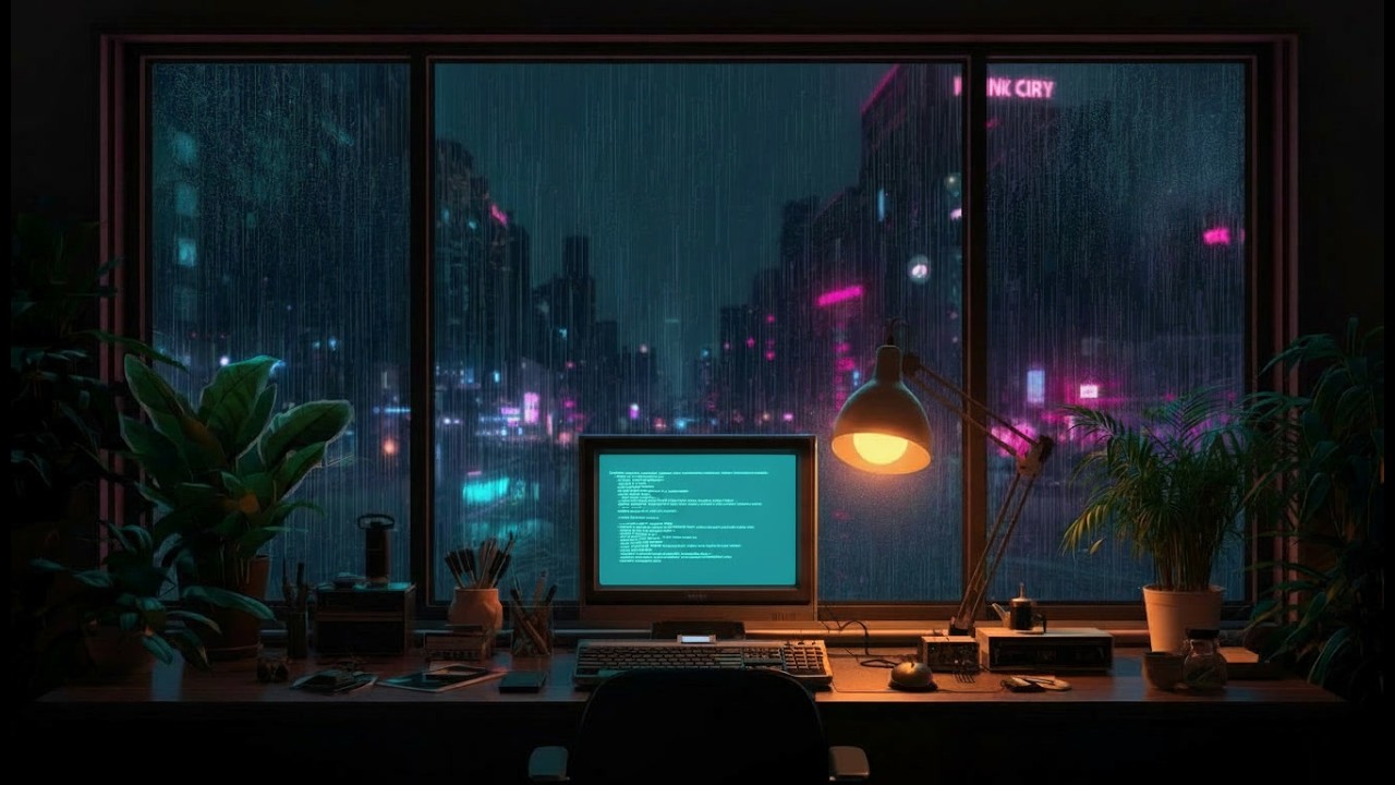 Deep Work Focus - Rainy Neon Terminal ☔️  Midnight Desk 📼 3HR (Royalty Free)