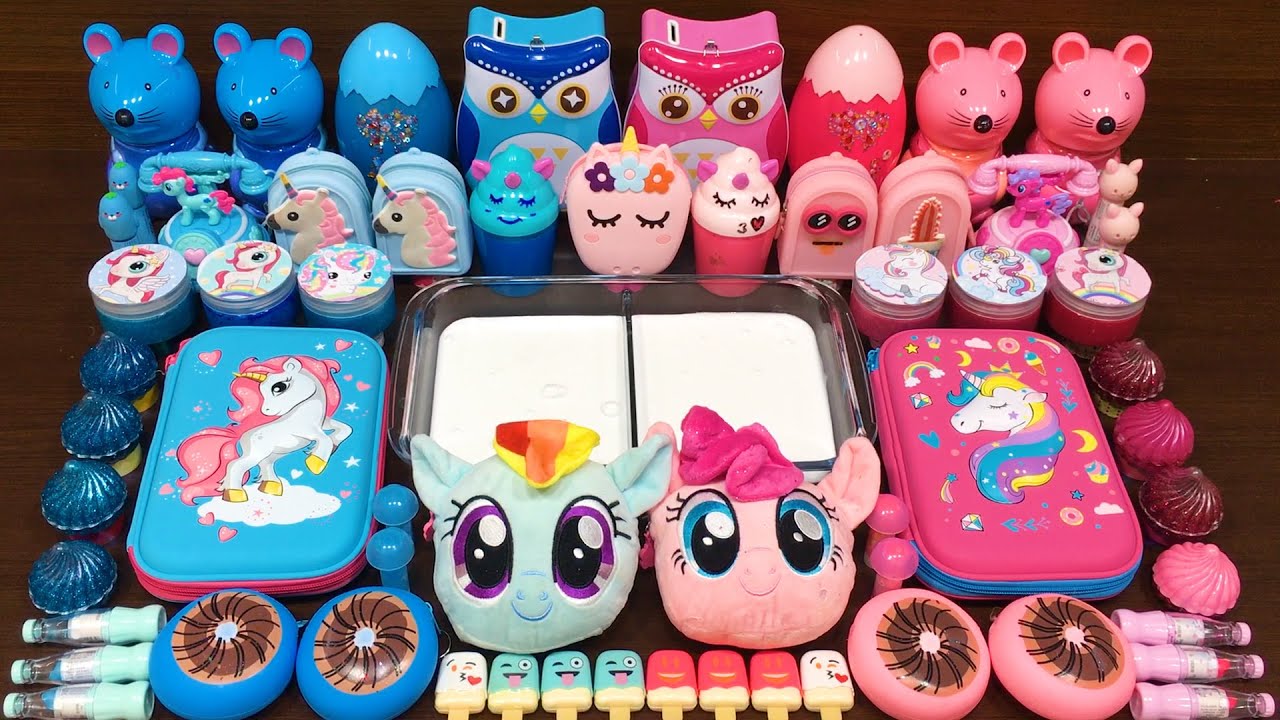 UNICORN BLUE vs PINK | Mixing Random Things into GLOSSY Slime | Satisfying Slime, ASMR Slime #887