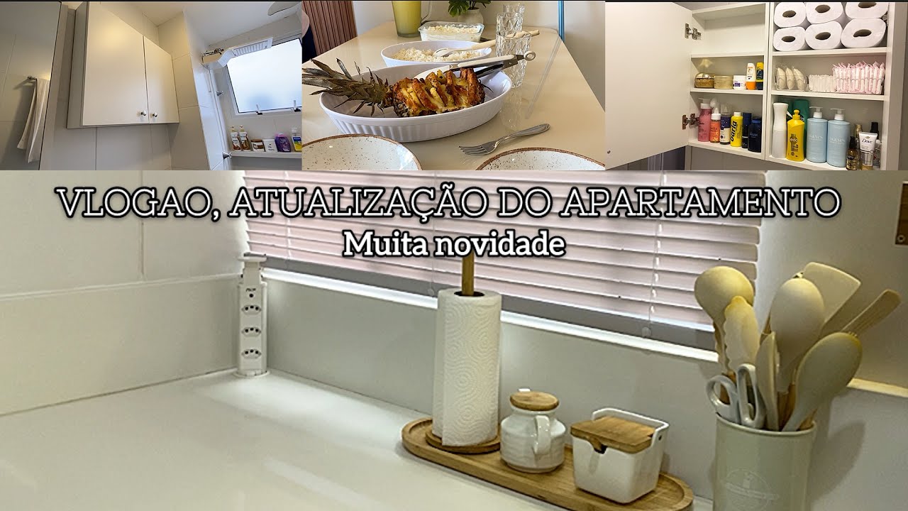 Muita coisa nova, instalamos cortina, armário do banheiro, papel de parede! Almoço Lombo com abacaxi