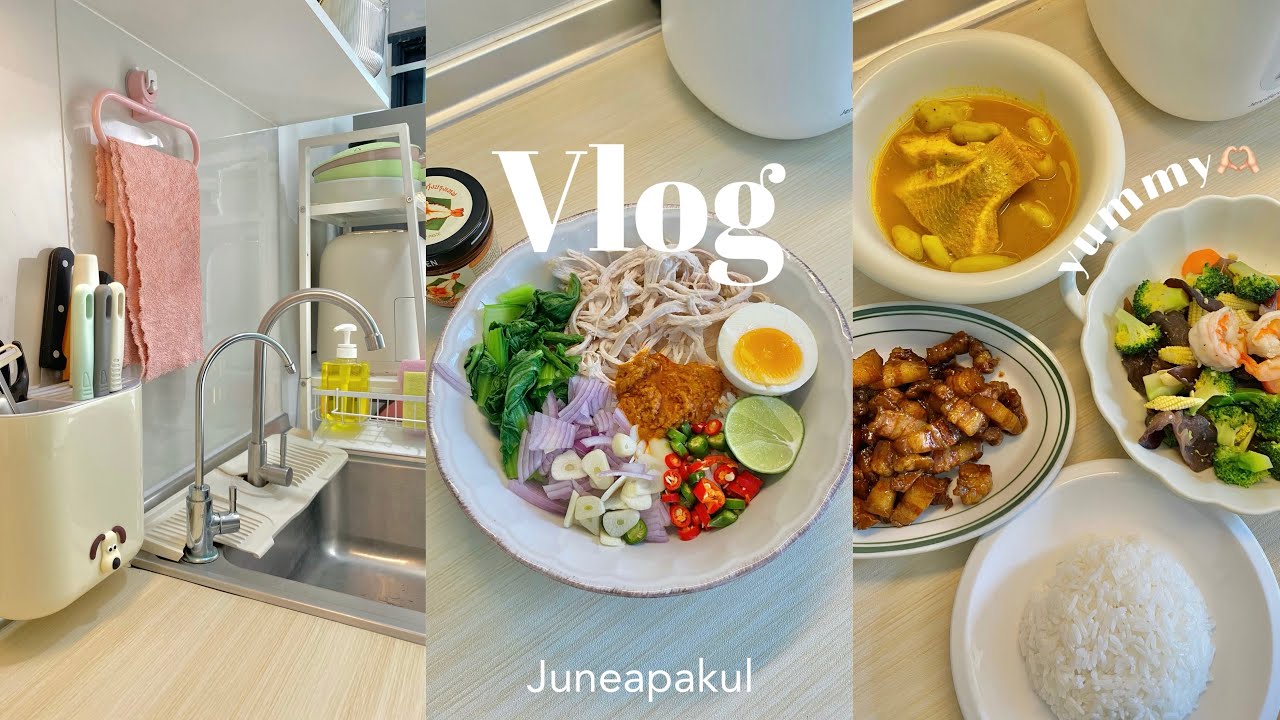 Vlog ทำอาหาร | จัดห้องครัว🧽,ซื้อของสด🥓🥦🛒,ทำแกงส้ม,หมูหวาน,มาม่าเผ็ด🥢,ข้าวไก่ฉีกคลุกมันกุ้ง🦐🍚